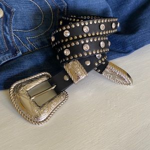 Black genuine leather belt with rhinestones